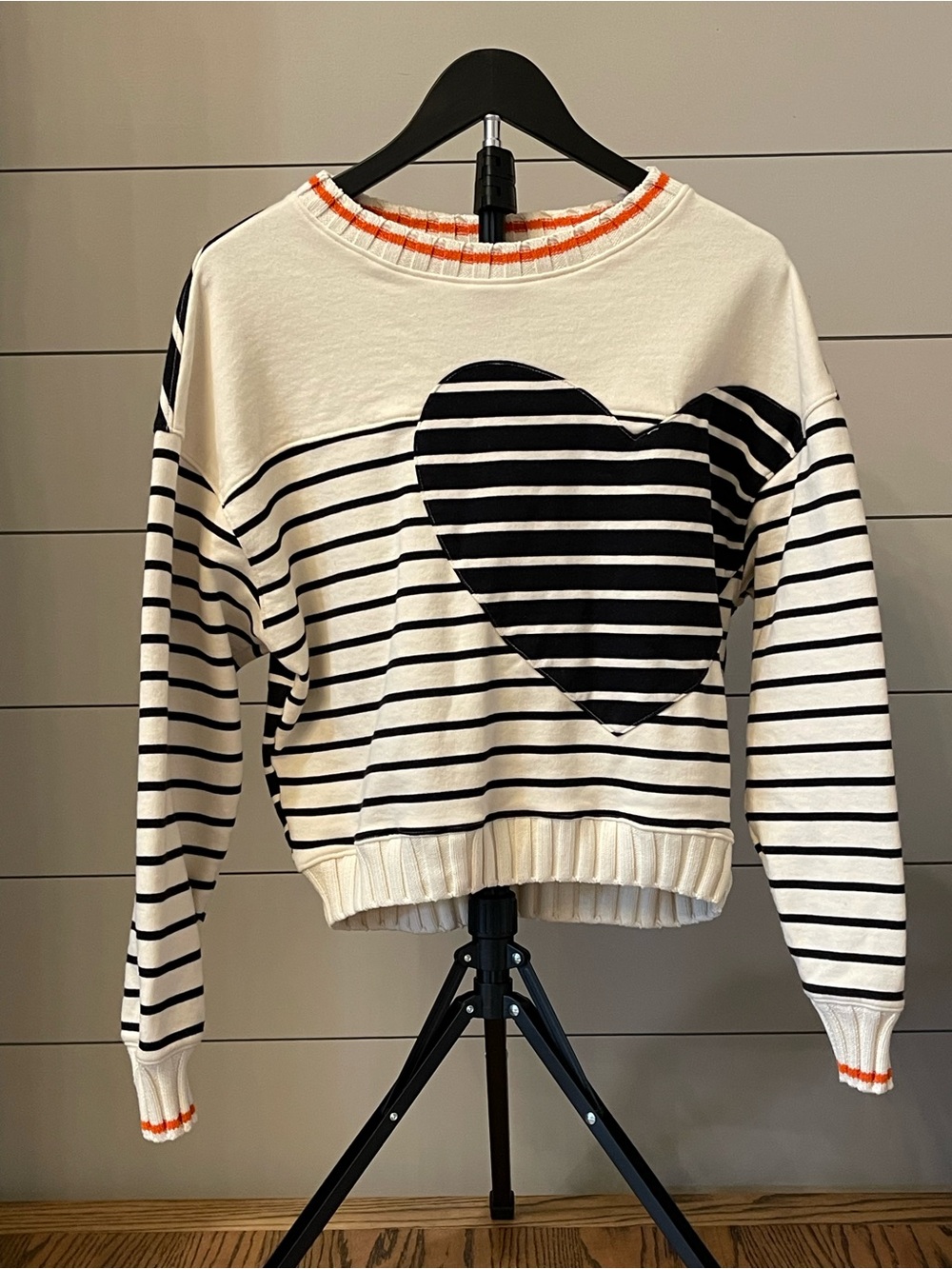 Maeve Cream and Black Striped Sweater with Orange Trim